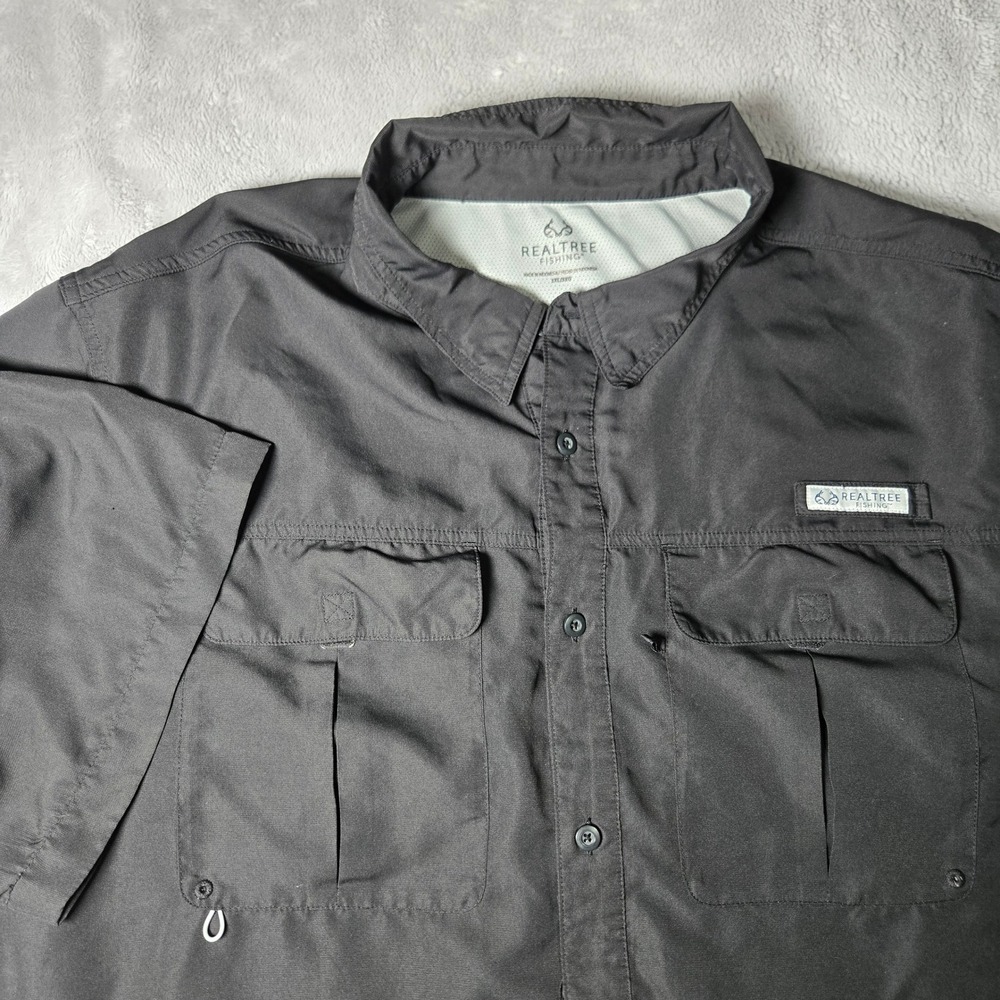 Realtree Fishing Mens 3XL Black Short Sleeve Button Down Utility Shirt see pics